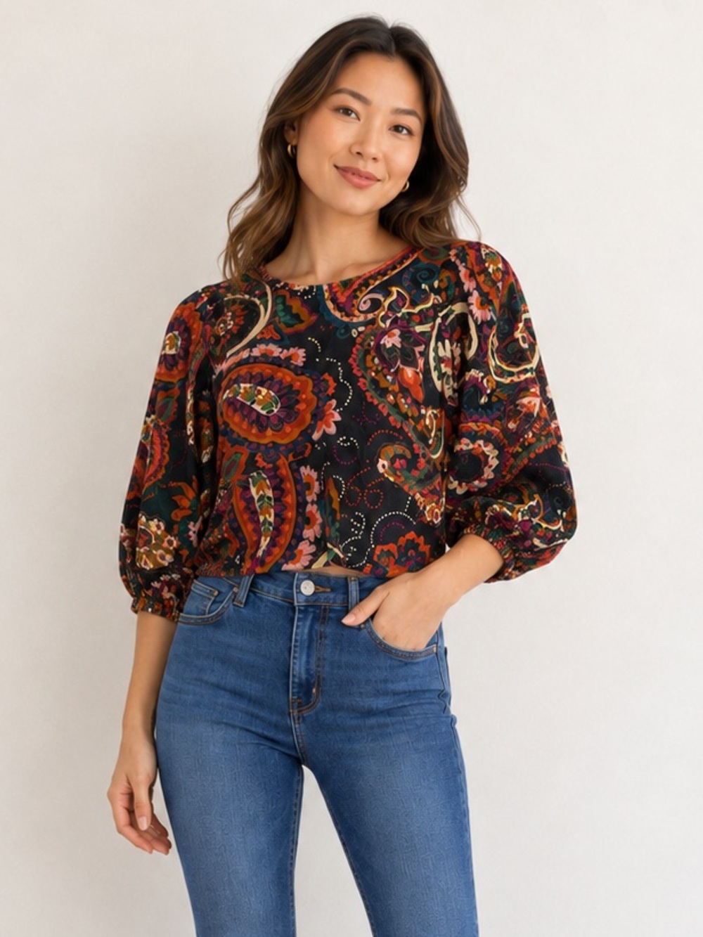 Kachel Boho Paisley Puff Sleeve Blouse Size XS/S